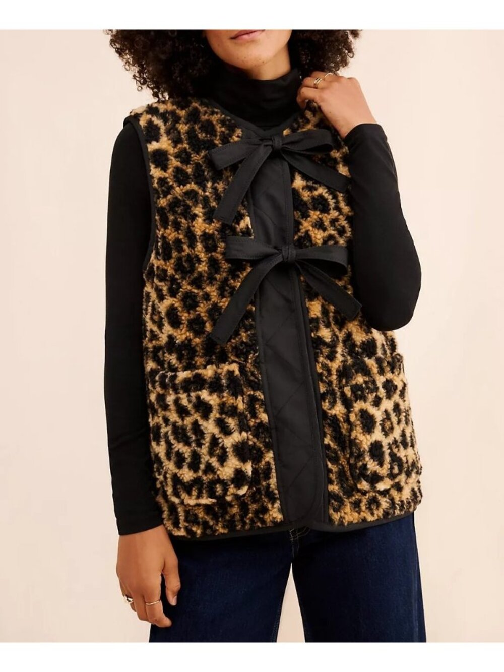 Damson Madder Marta Borg Gilet Bow Vest Leopard Sherpa Layering Cozy Womens 8